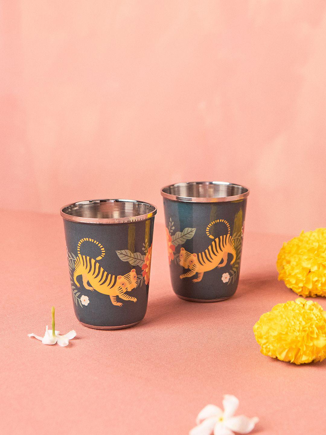 Buy Chumbak Blue & Yellow 2 Pieces Printed Water Glass -  - Home for Unisex