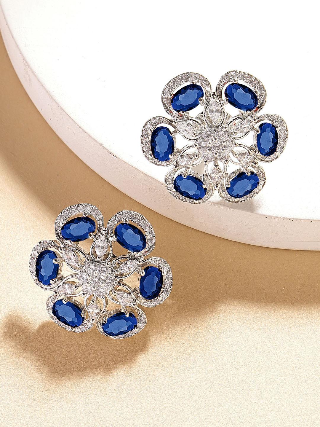 Buy KARATCART Blue Silver Plated American Diamond Studded Floral Design Studs Earrings - - Accessories for Women