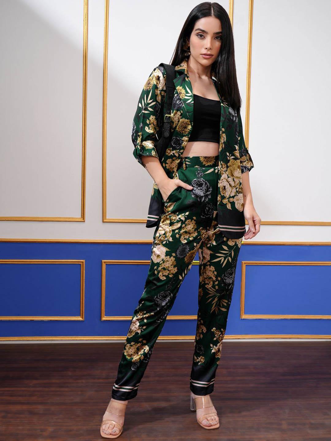 Buy Vishudh Green Floral Printed Lapel Collar Three Quarter Sleeves Blazer With Trouser -  - Apparel for Women