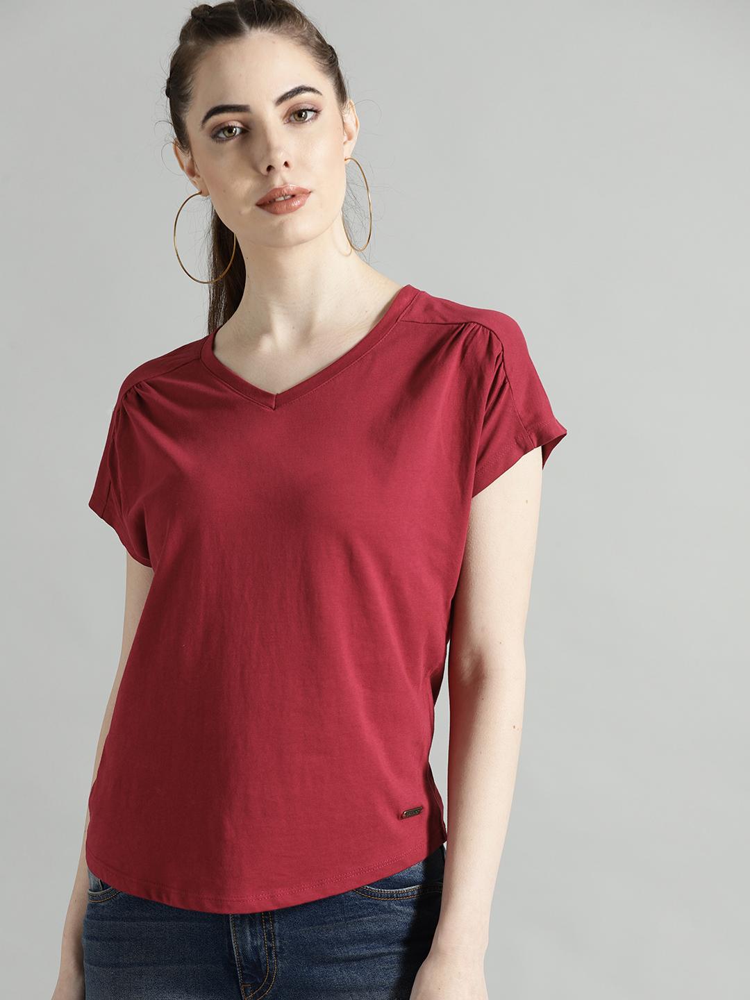 Roadster Women Red Gathered Cotton Relaxed Fit T-Shirt
