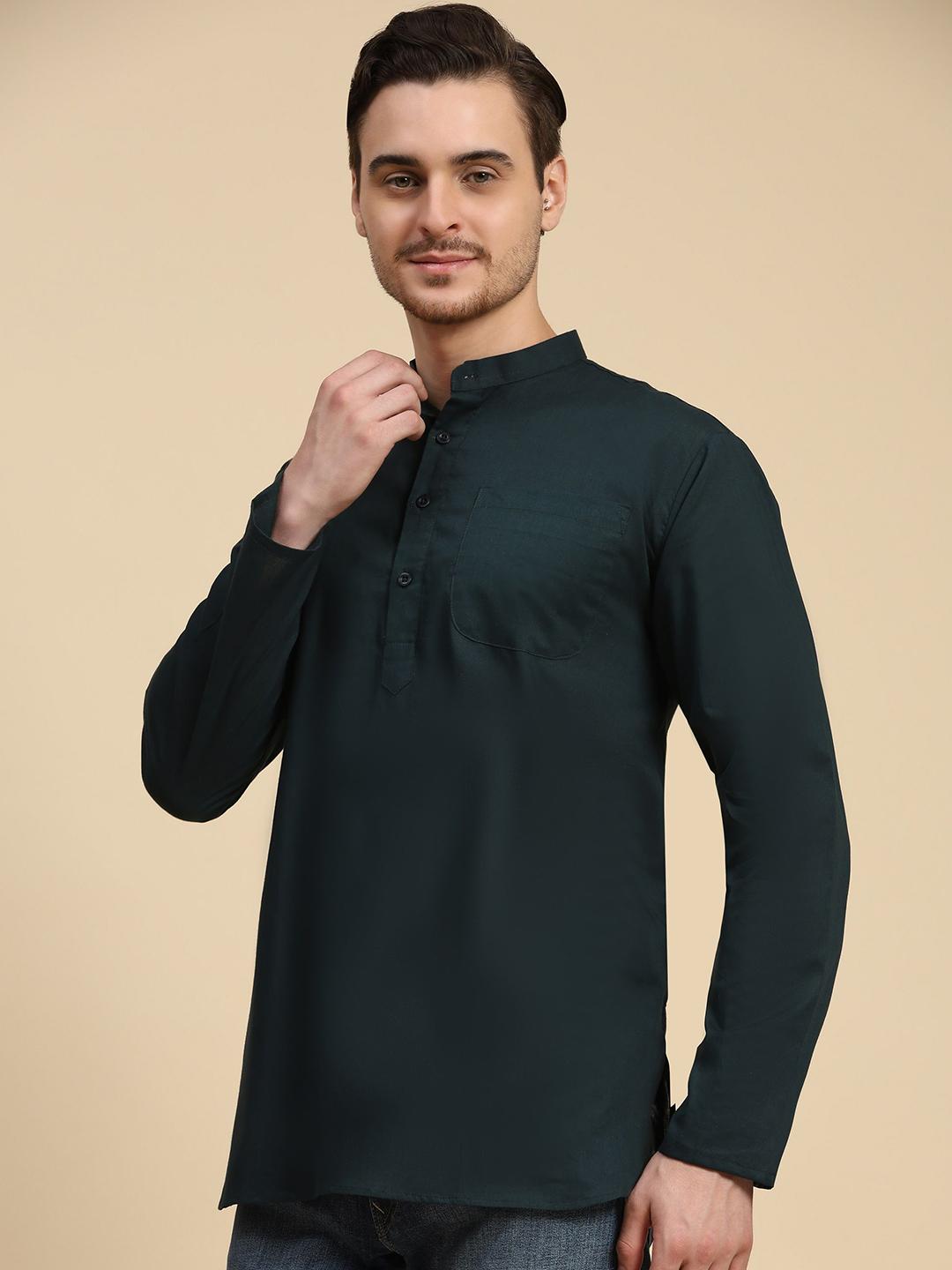 SKAVIJ Mannen Katoen Kort Kurta Overhemd Ronde Nek Tuniek Normale Pasvorm (Groen, XL