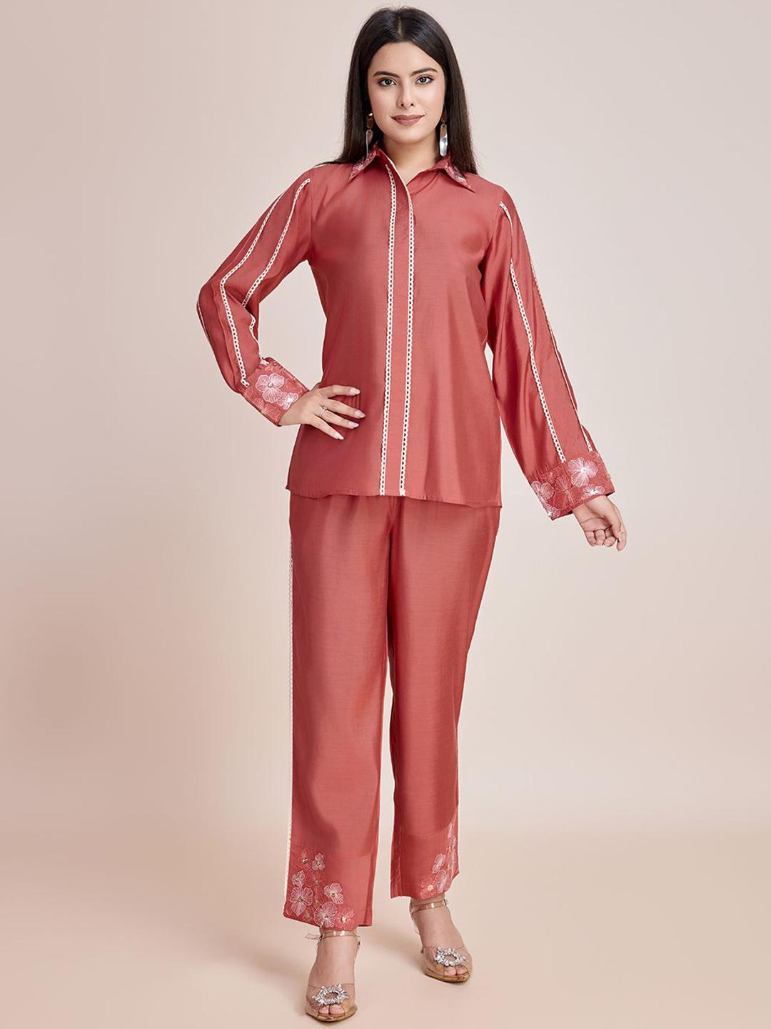 Embroidered Pure Cotton Shirt With Trousers Co-Ords
