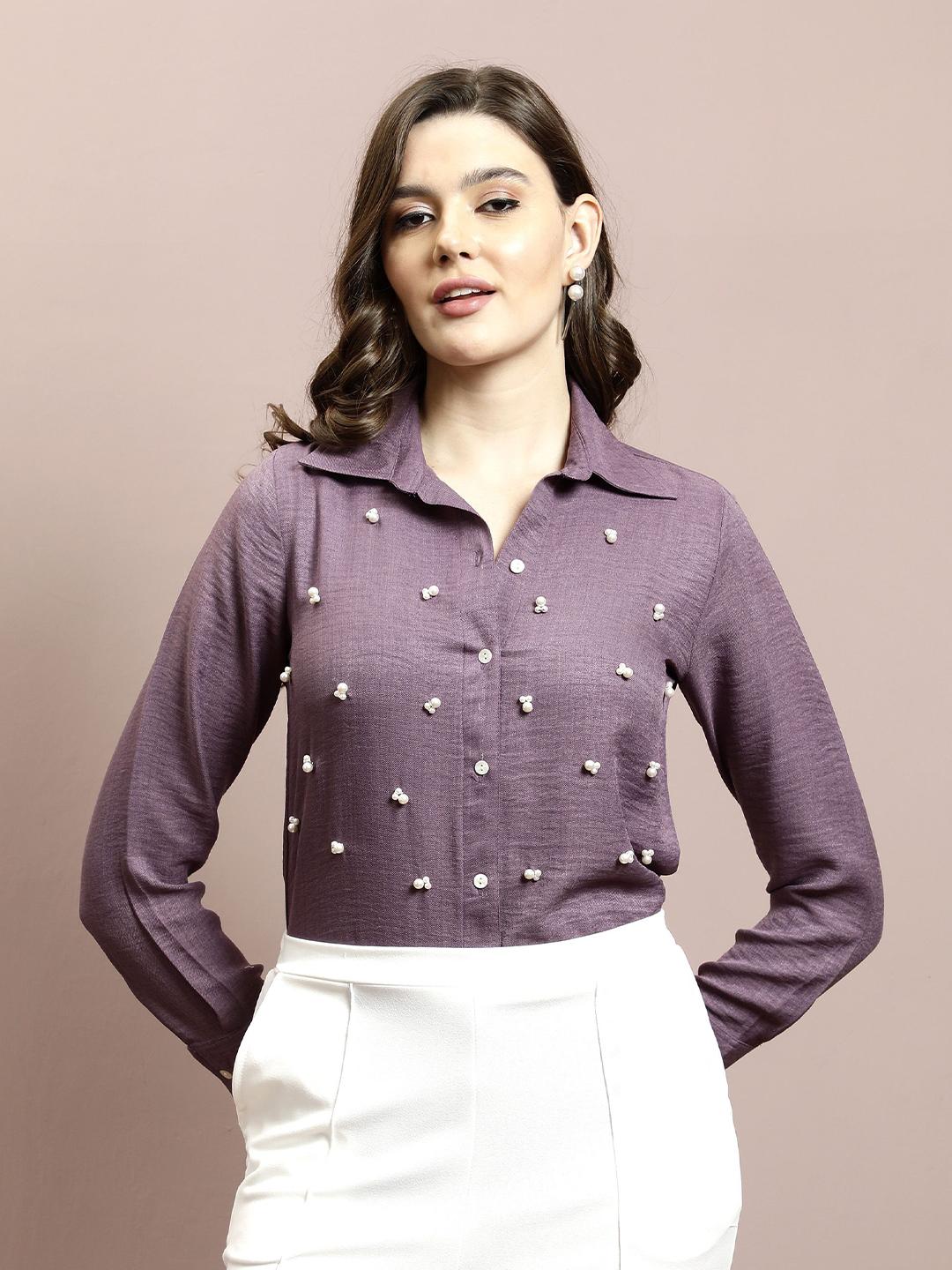 Buy Athena Women Embellished Shirt Collar Linen Top - Tops for Women ...