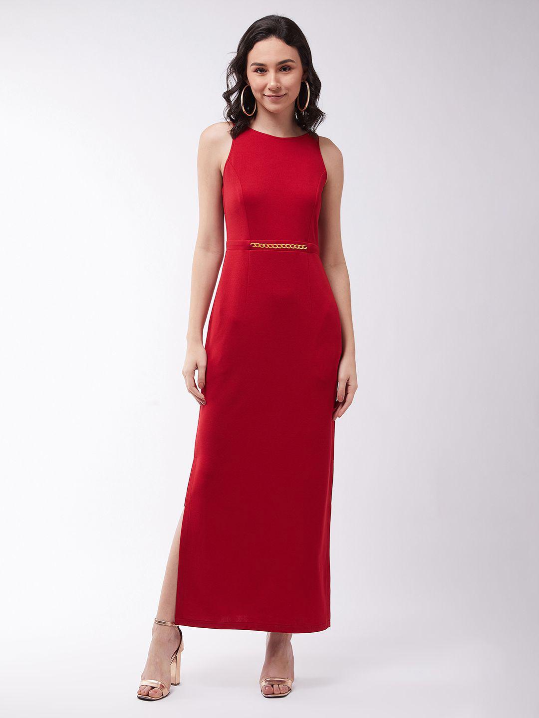 Women Red Rib Round Neck Sleeveless Maxi Dress