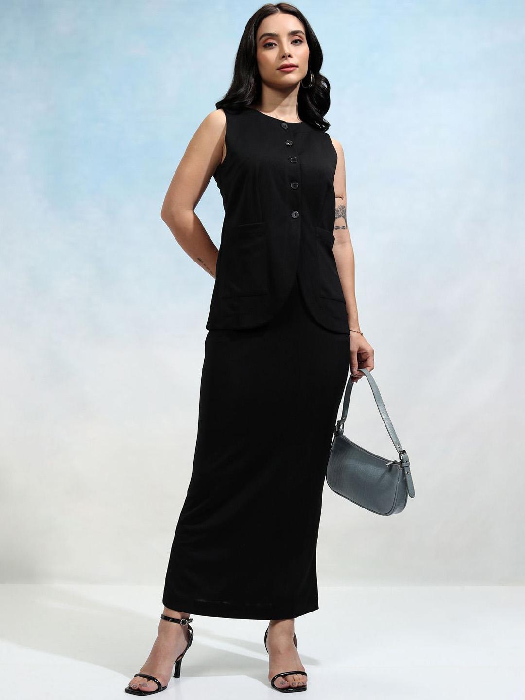 Buy Tokyo Talkies Black Round Neck Sleeveless Buttondown Blazer With Skirt - - Apparel for Women