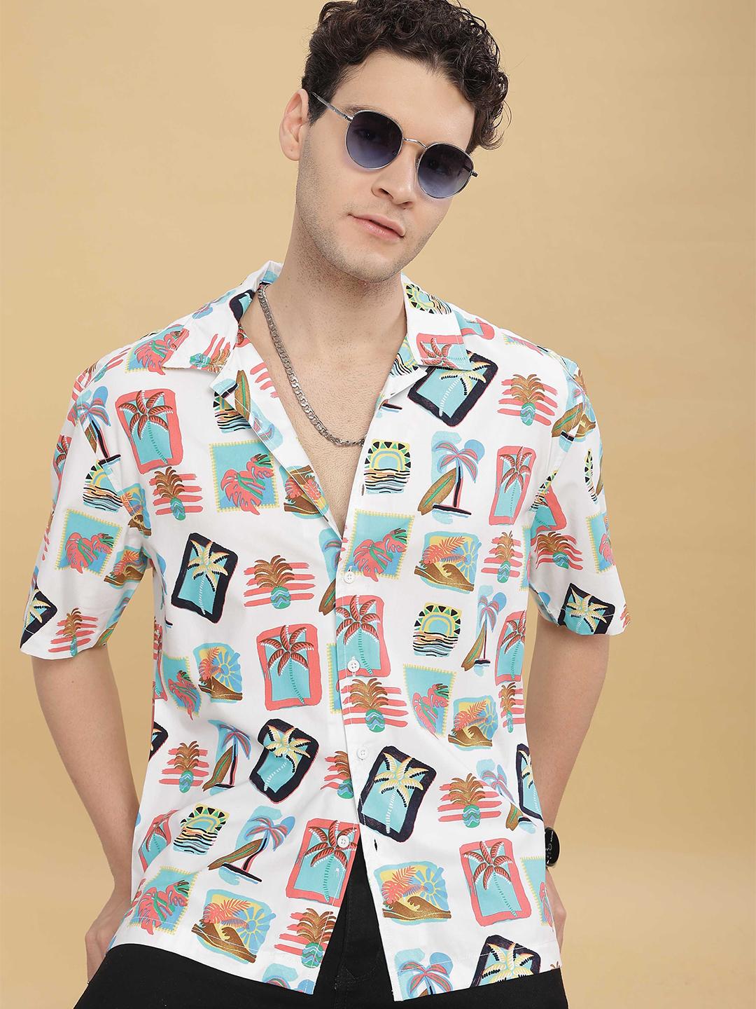 HERE&NOW Men Cuban Collar Conversational Printed Cotton Relaxed Fit Casual Shirt