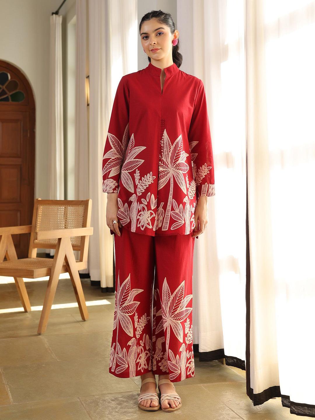 Buy JISORA Red Floral Printed Pure Cotton Tunic With Trousers Co Ord Set -  - Apparel for Women