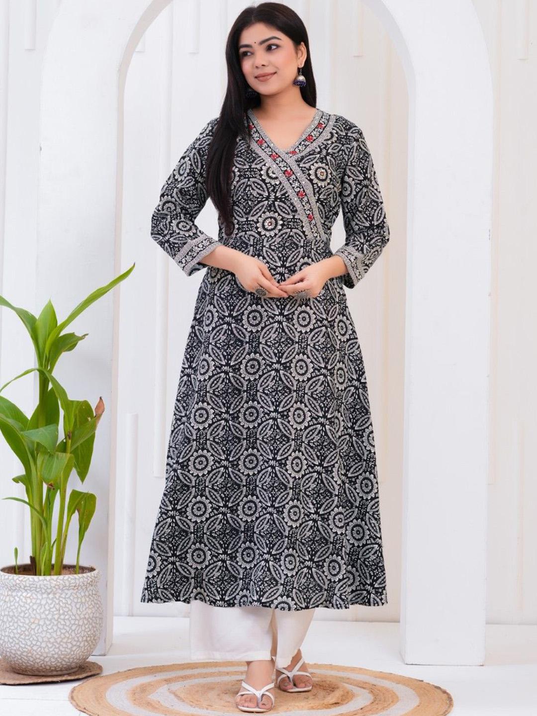 Buy SAK JAIPUR Floral Printed Thread Work V Neck Anarkali Kurta ...