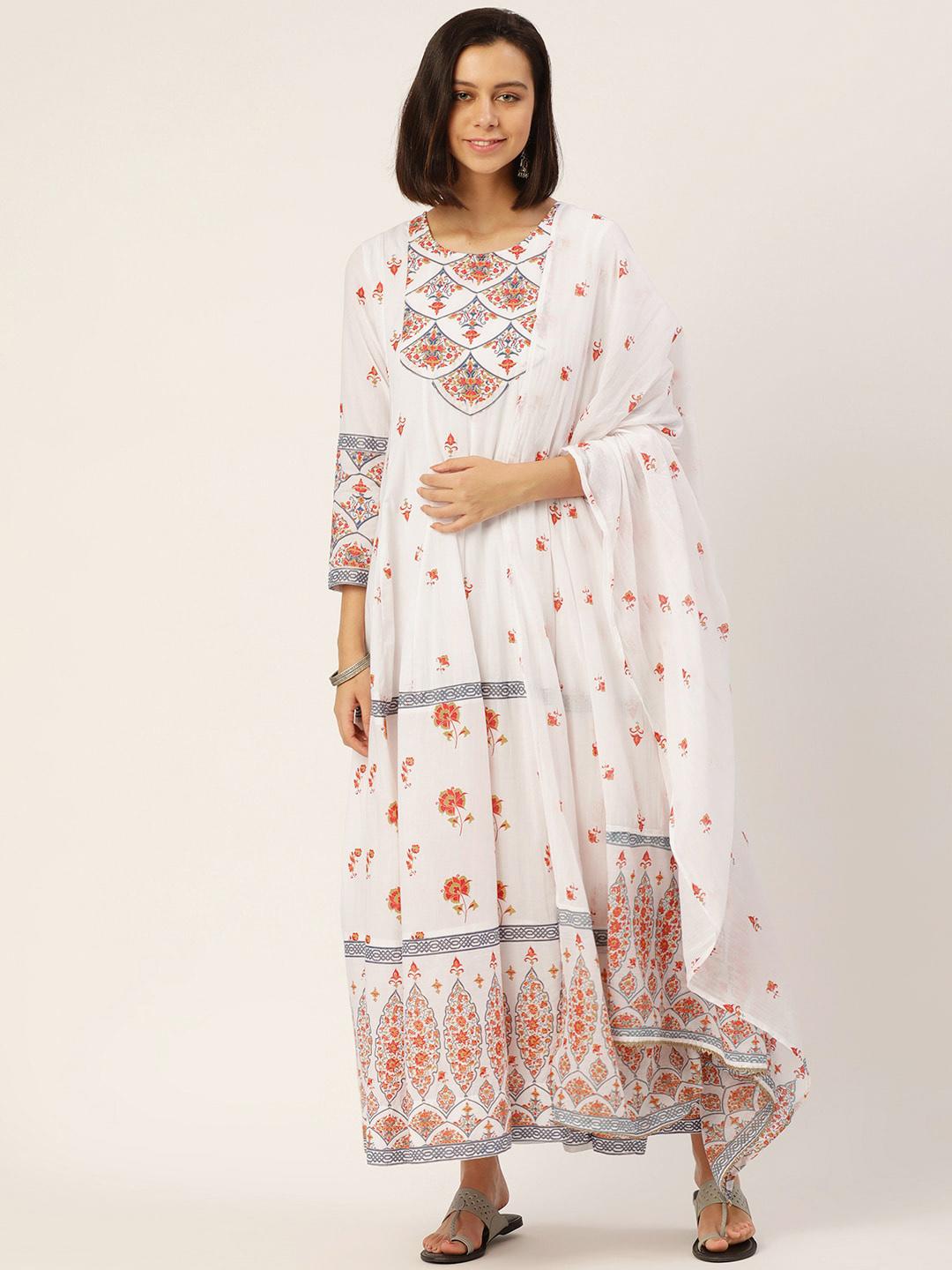 White and Red Floral Kurta Set