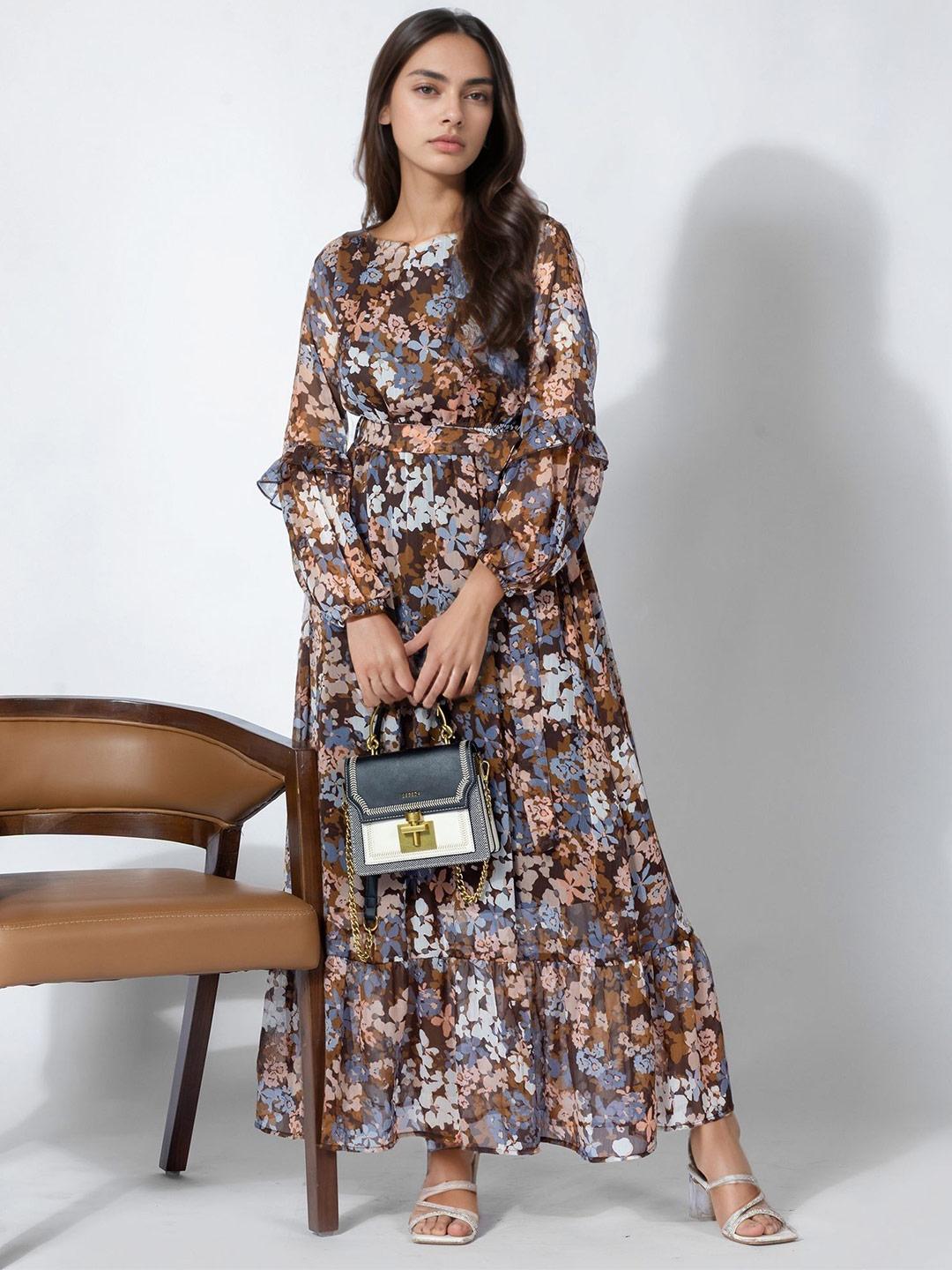 Women's Peach Floral Print Bell Sleeve Fit & Flare Maxi Dress