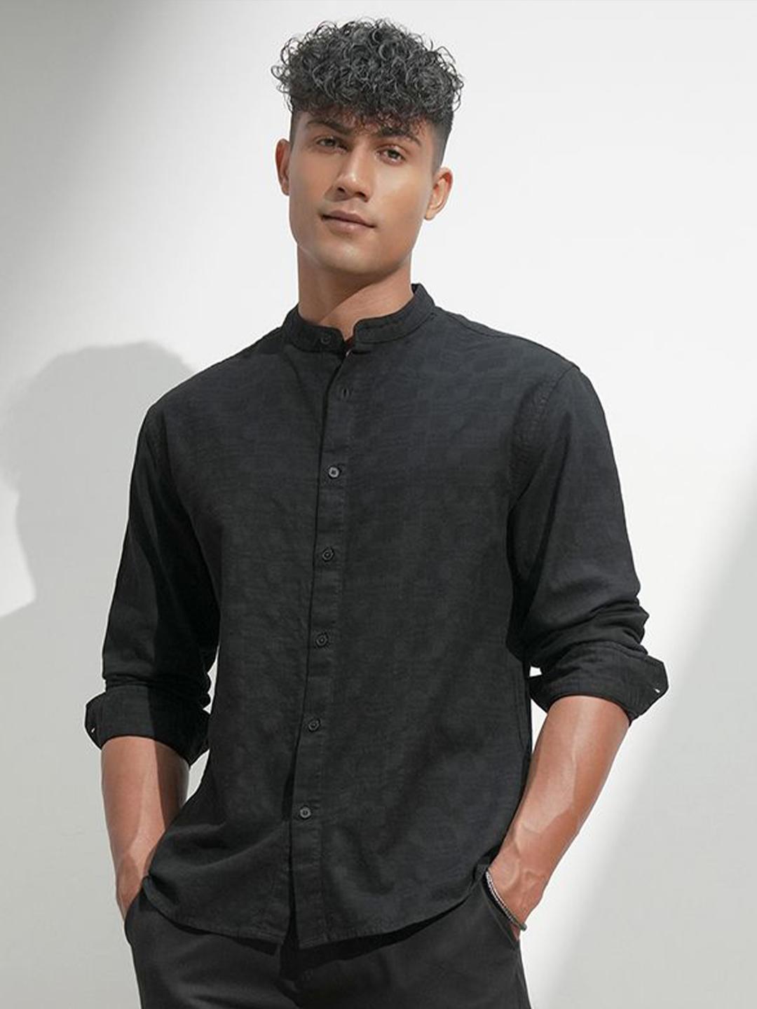 HIGHLANDER Men Comfort Relaxed Fit Textured Mandarin Collar Cotton Casual Shirt