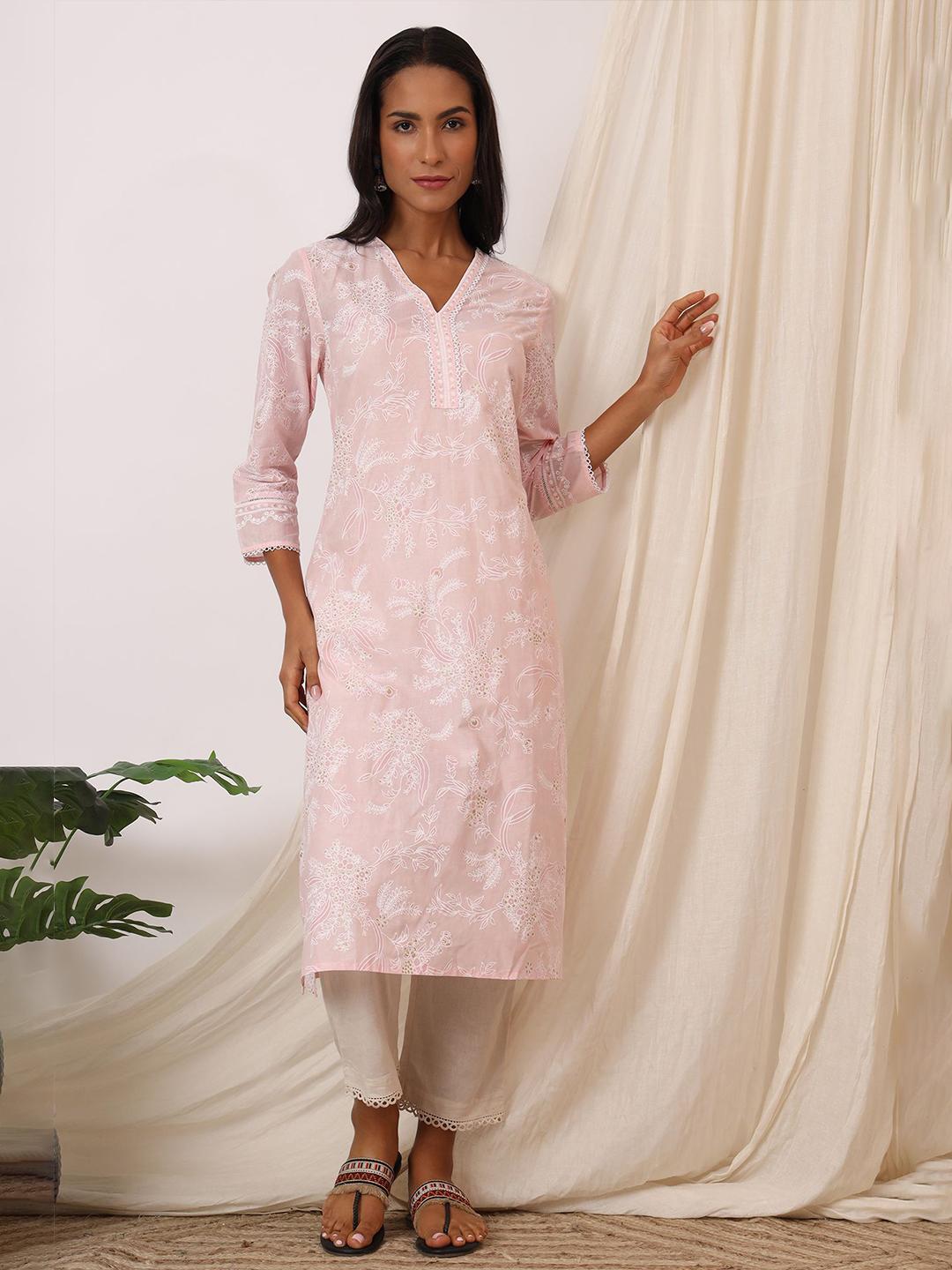Embroidered A-Line Kurta with V-Neck & Three-Quarter Sleeves main image 1