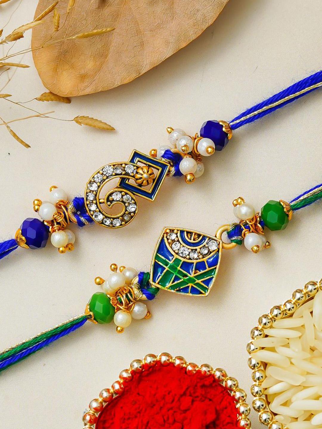 Buy ECraftIndia Set Of 2 Stone Studded & Beaded Thread Rakhis With Roli ...