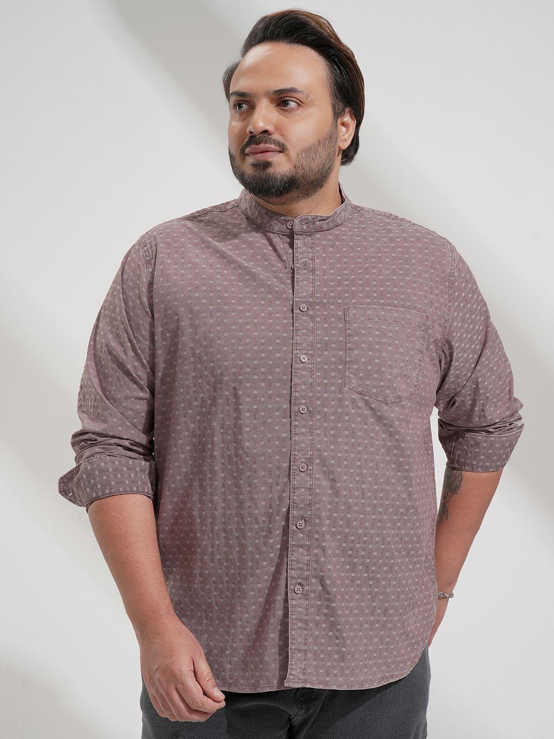 HIGHLANDER Men Comfort Fit Geometric Printed Band Collar Cotton Casual Plus Size Shirt
