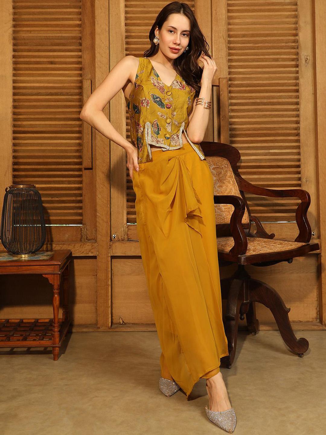 Buy QISSA Mustard Printed V Neck Top With Skirt Co Ords -  - Apparel for Women