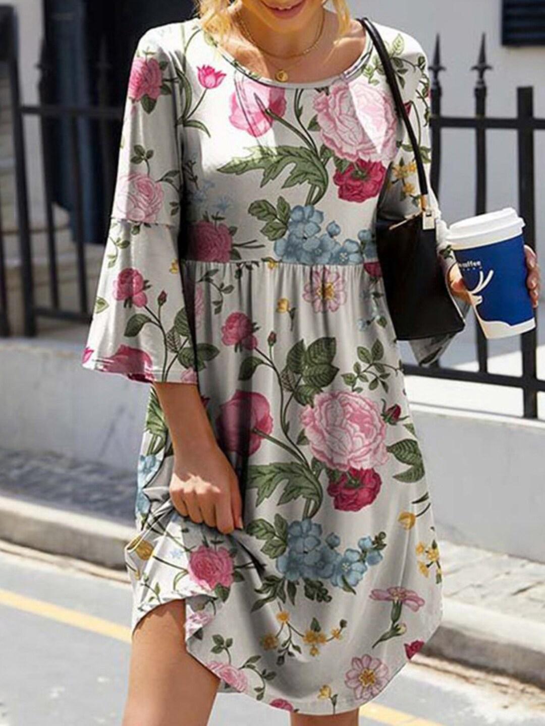 Black Printed Bell Sleeve Fit & Flare Dress