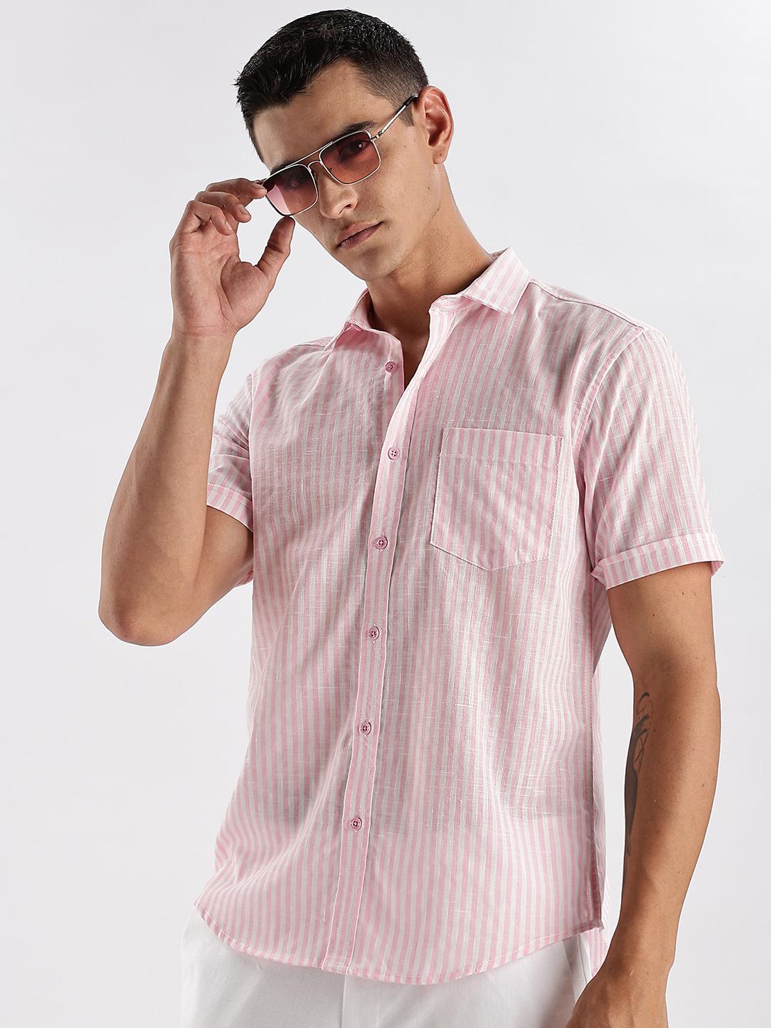 HERE&NOW Men Vertical Striped Spread Collar Cotton Casual Shirt