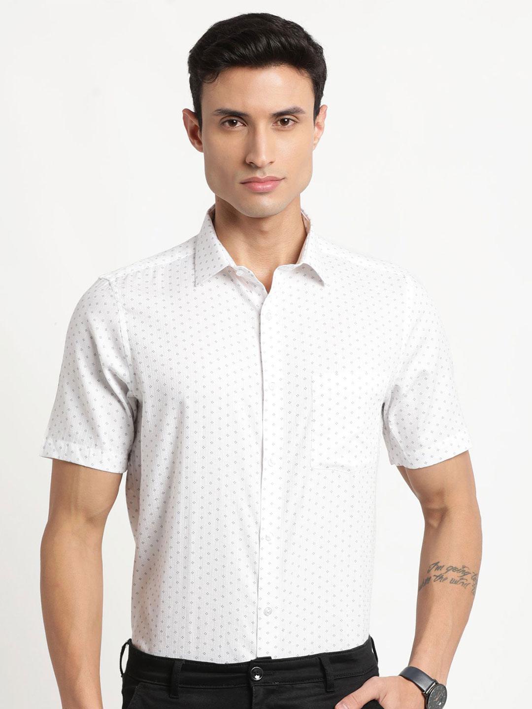 Men's White Micro Ditsy Printed Cotton Premium Shirt