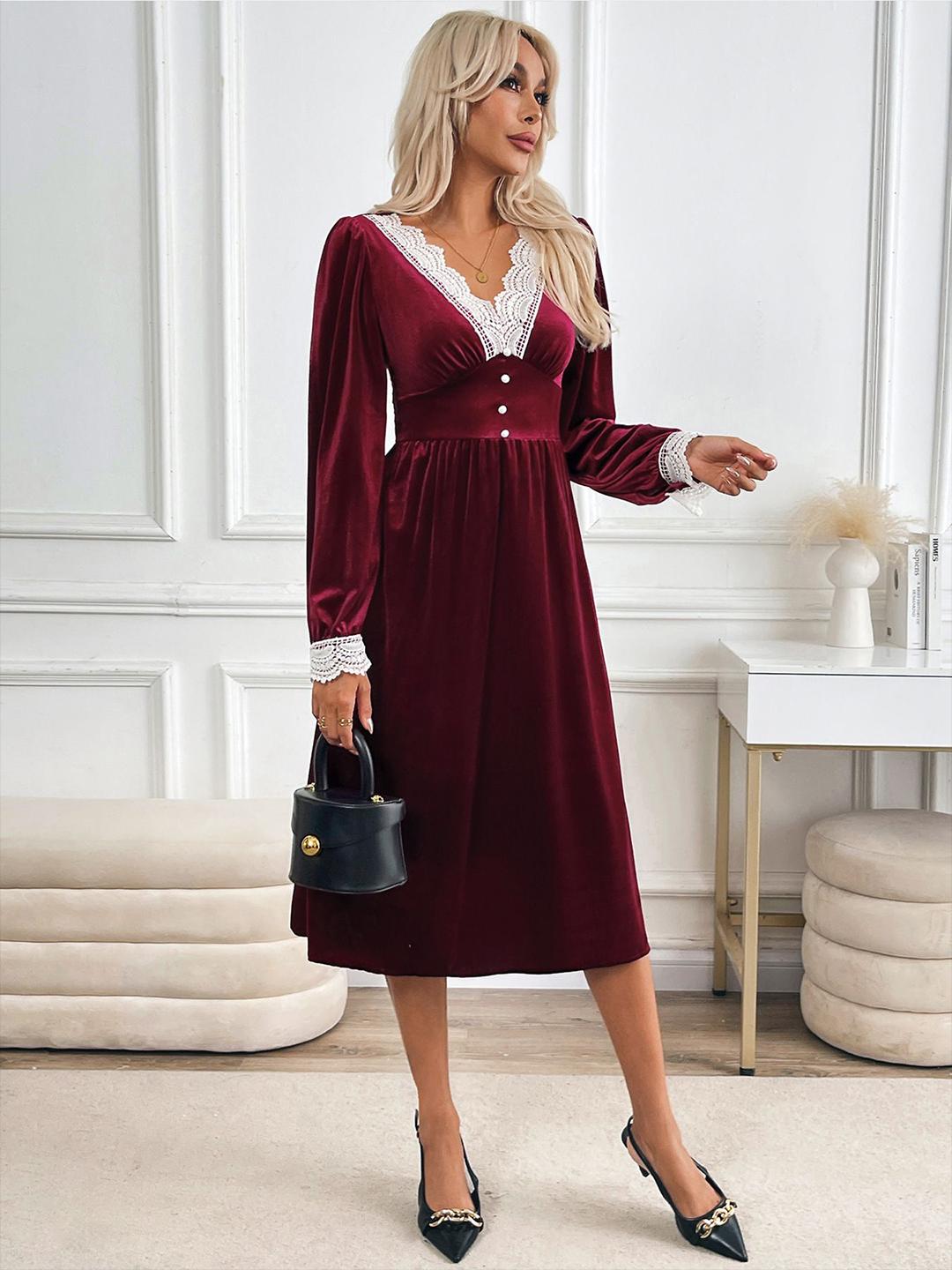 Solid Velvet A-Line Midi Dress