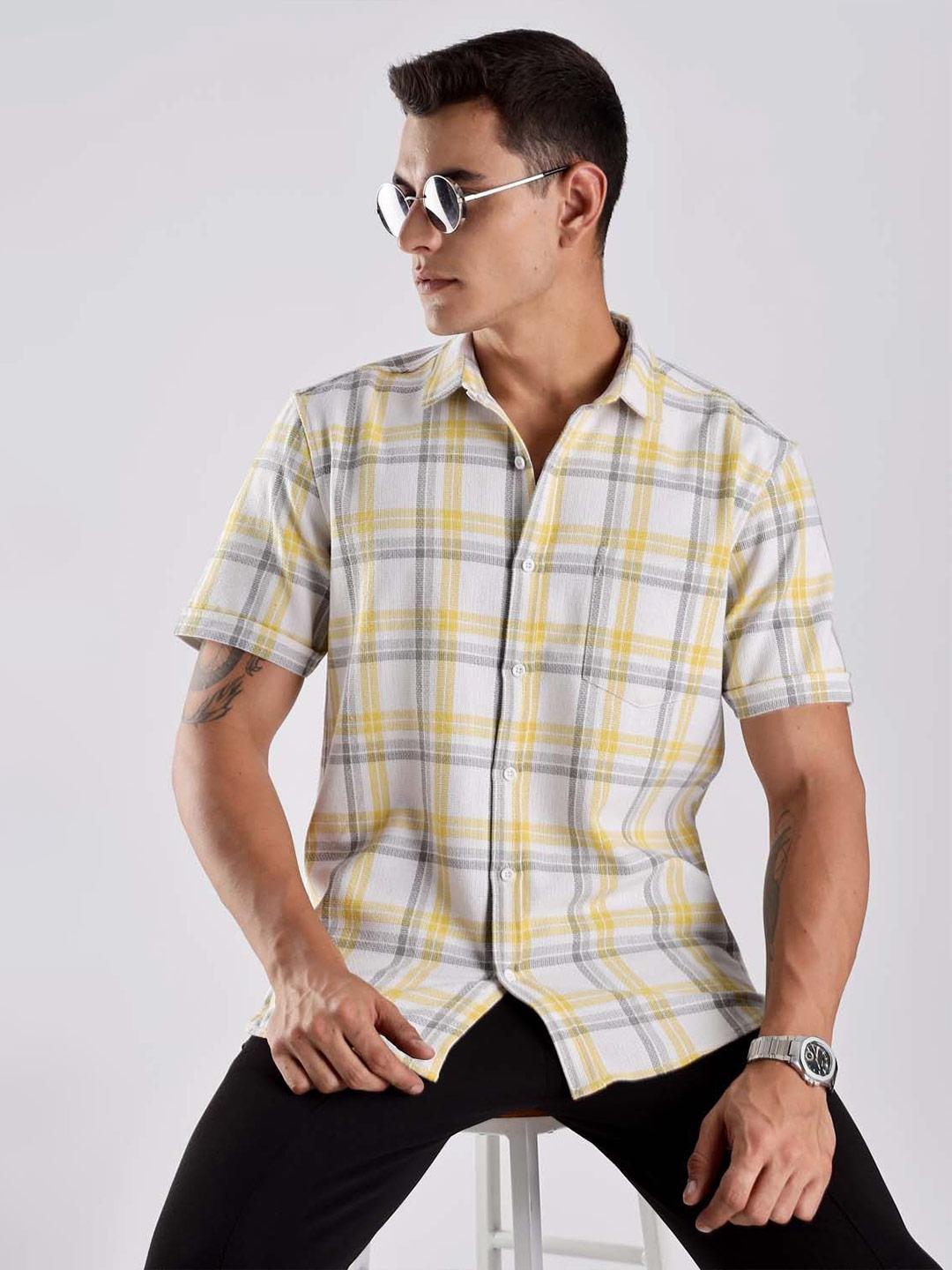 HERE&NOW Men Tartan Checked Spread Collar Casual Shirt