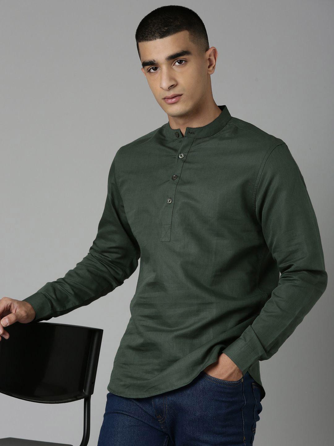 Mast & Harbour Men Solid Linen Cotton Mandarin Collar Casual Shirt