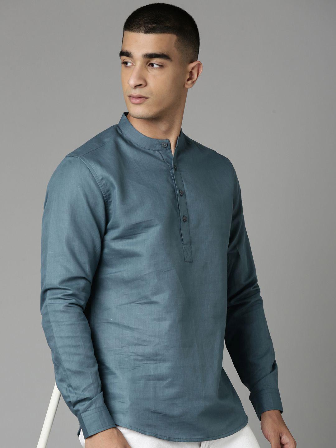 Mast & Harbour Men Solid Linen Cotton Mandarin Collar Casual Shirt