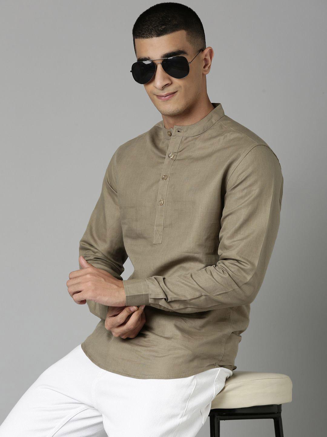 Mast & Harbour Men Solid Linen Cotton Mandarin Collar Casual Shirt