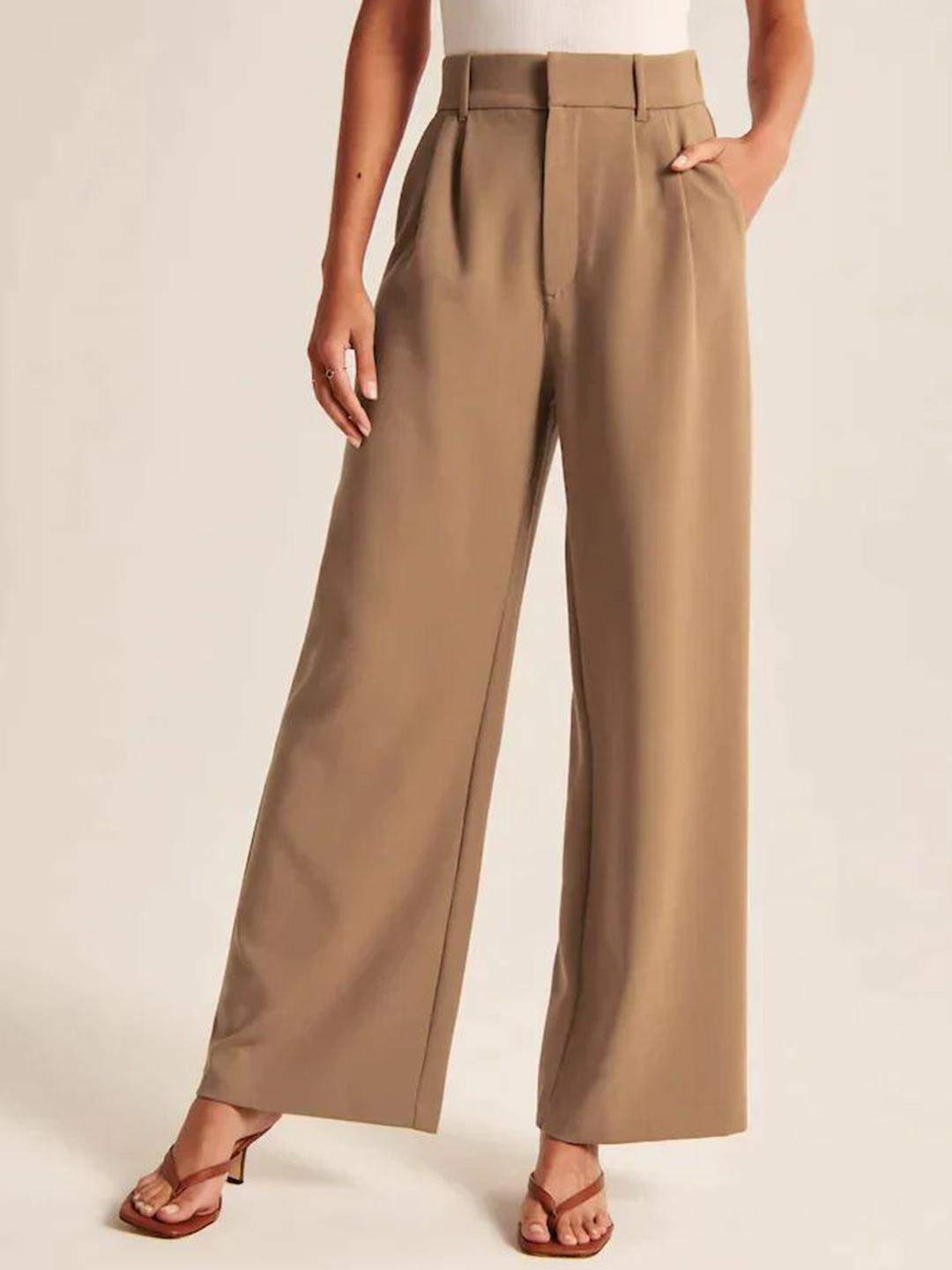 Women's Casual Pleated Textured Straight Leg Trousers Elastic Waist