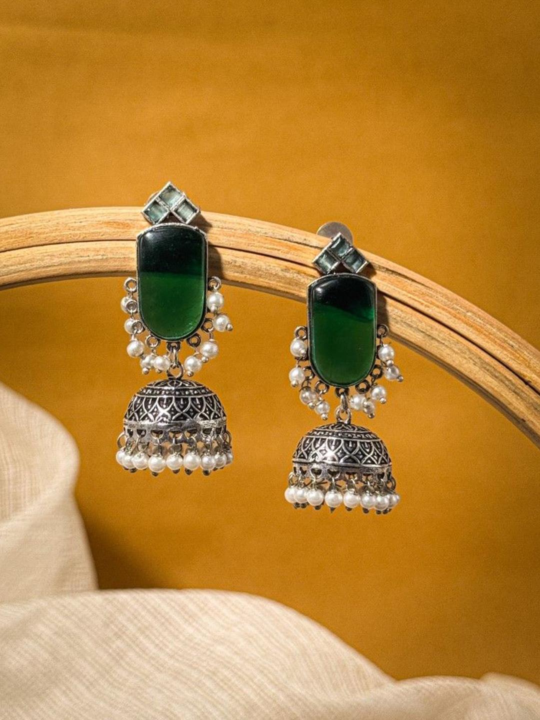 Buy NAMAN ARTS Silver Plated Artificial Stones Studded & Beaded Dome Shaped Oxidised Jhumkas - - Accessories for Women