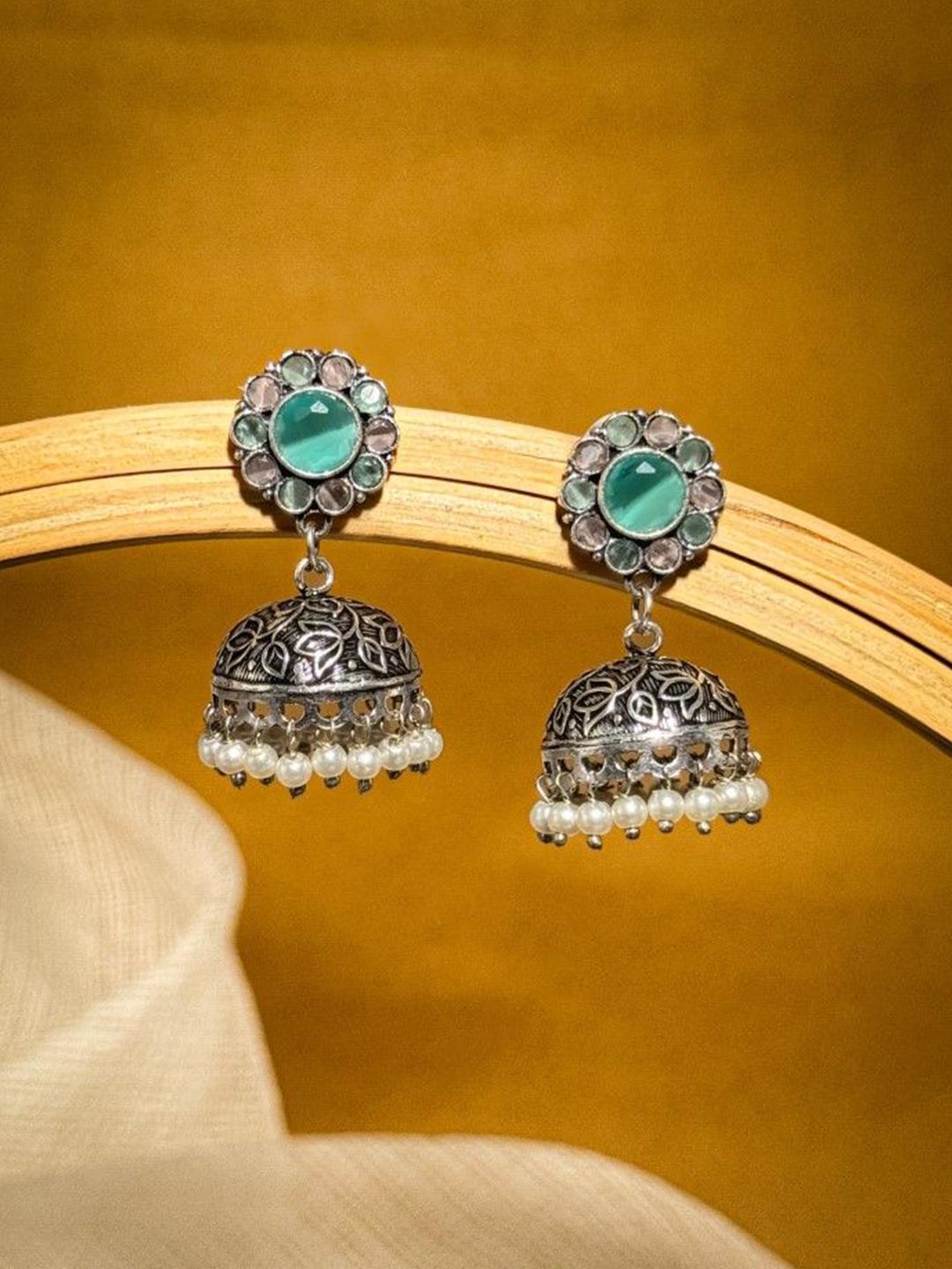 Buy NAMAN ARTS Silver Plated Artificial Stones Studded & Beaded Dome Shaped Oxidised Jhumkas - - Accessories for Women