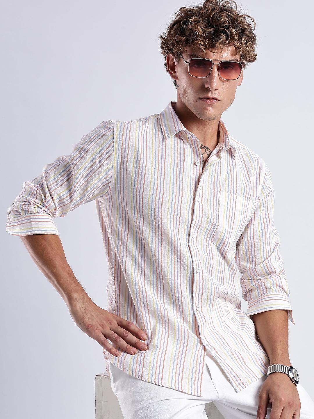 HERE&NOW Men Slim Fit Vertical Striped Spread Collar Casual Shirt