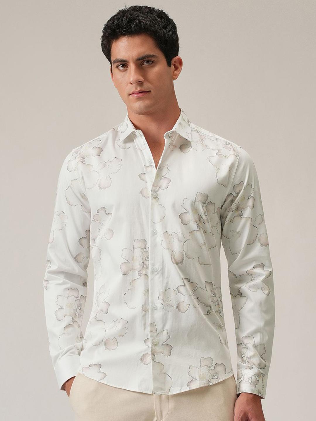 Banana Club Men White Watercolour Flora Print Classic Slim Fit Casual Shirt