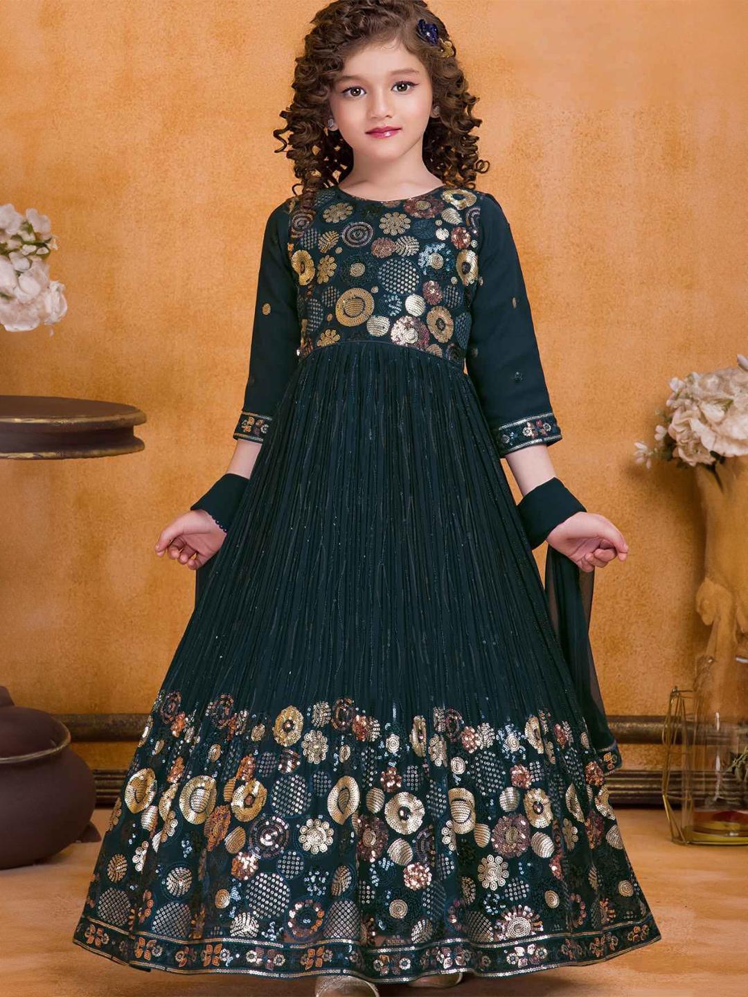 Girls Floral Zari Embroidered Ethnic Co-Ord Set with Sequin Detailing