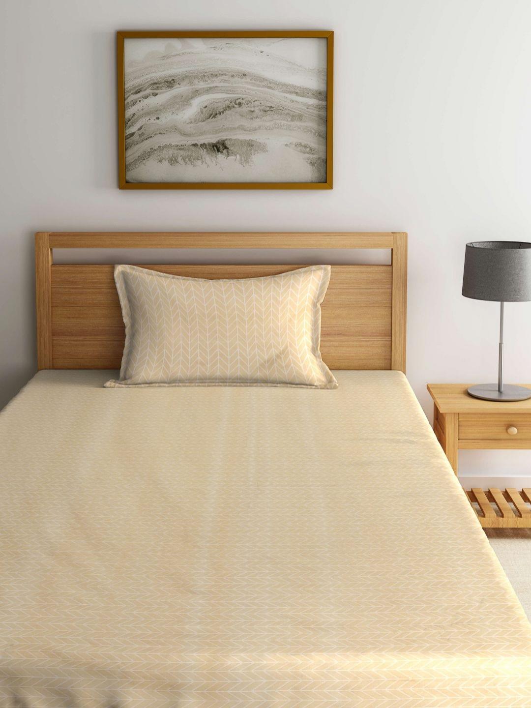Buy Aura Beige Geometric 350 TC Single Bedsheet With 1 Pillow Covers - - Home for Unisex
