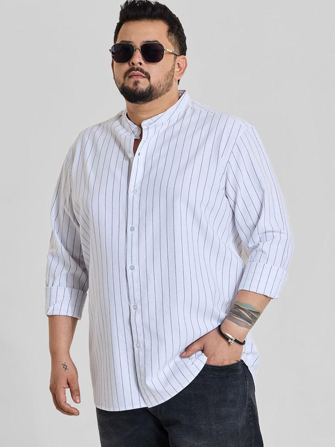 Snitch Men White Pinstripe Plus Size Shirt