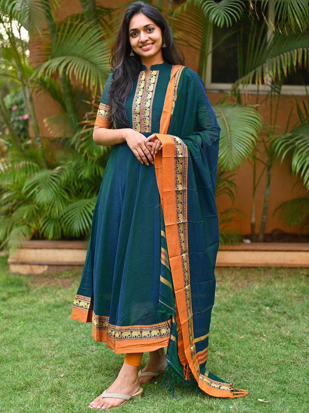 Women Navy Blue Pure Cotton Anarkali Kurta with Churidar & Dupatta, Mandarin Collar