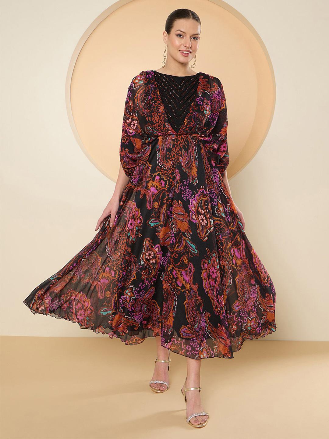 Antheaa Women Floral Print Flared Sleeve Layered Fit & Flare Midi Dress