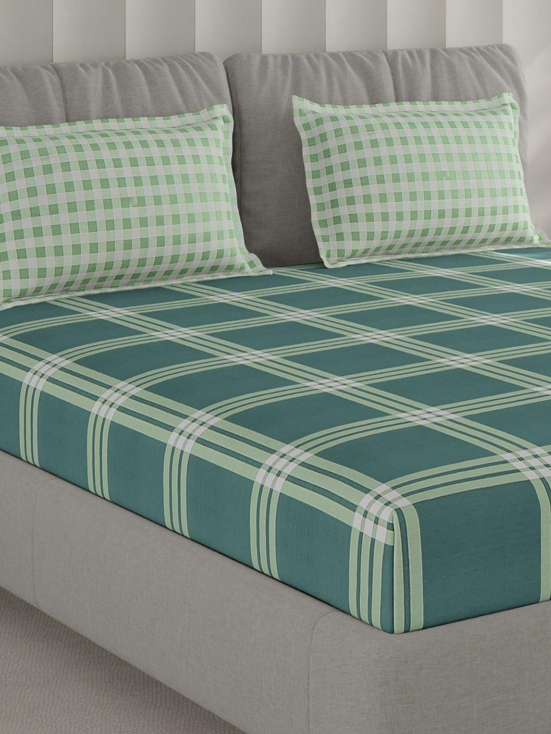 Buy Monte Carlo Sea Green Checked Cotton 200 TC Queen Fine Bedsheet With 2 Pillow Covers 91 X 98 Inches - - Home for Unisex