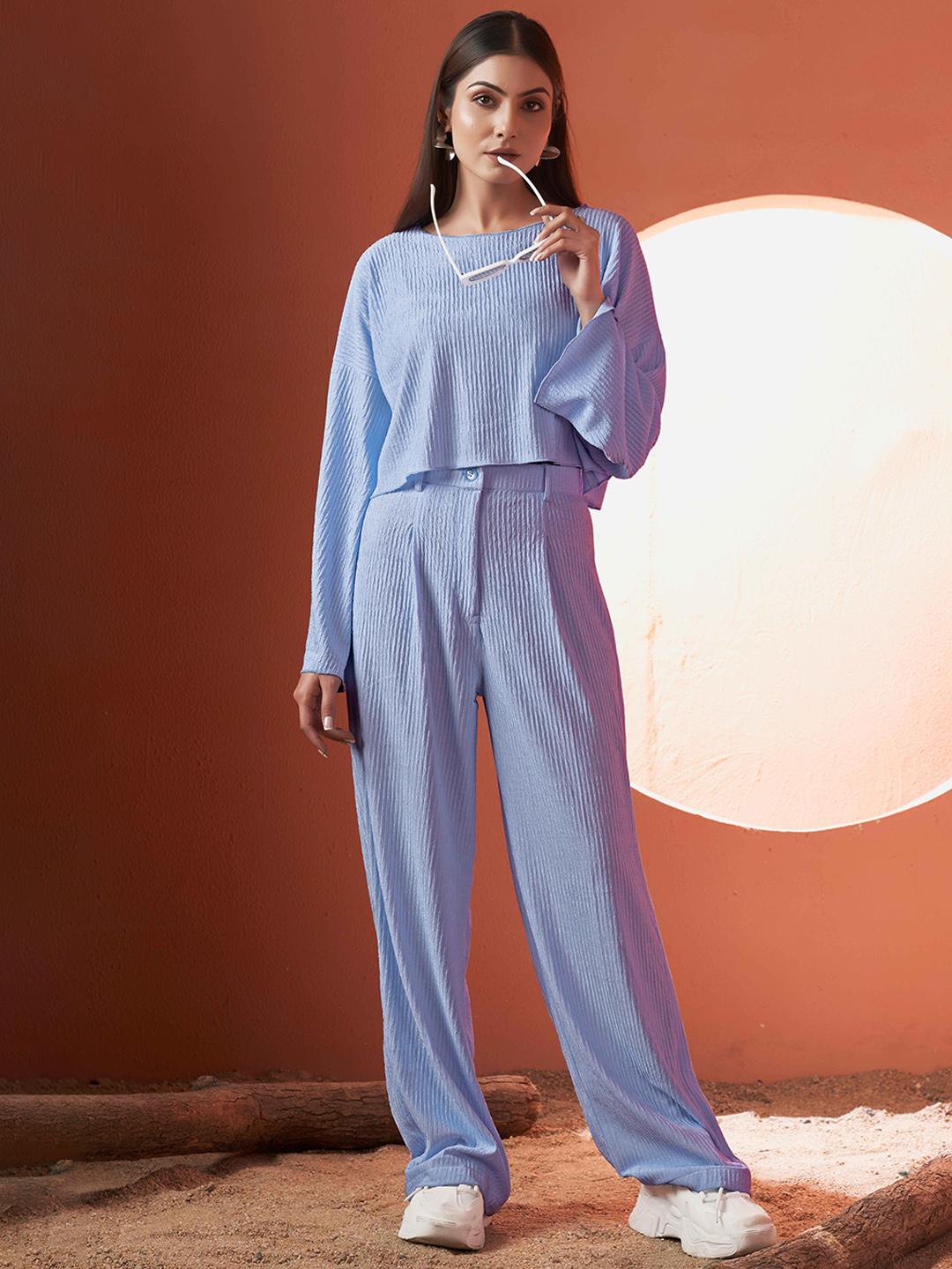 Buy Blue Solid Round Neck Top And Trousers Set - - Apparel for Women