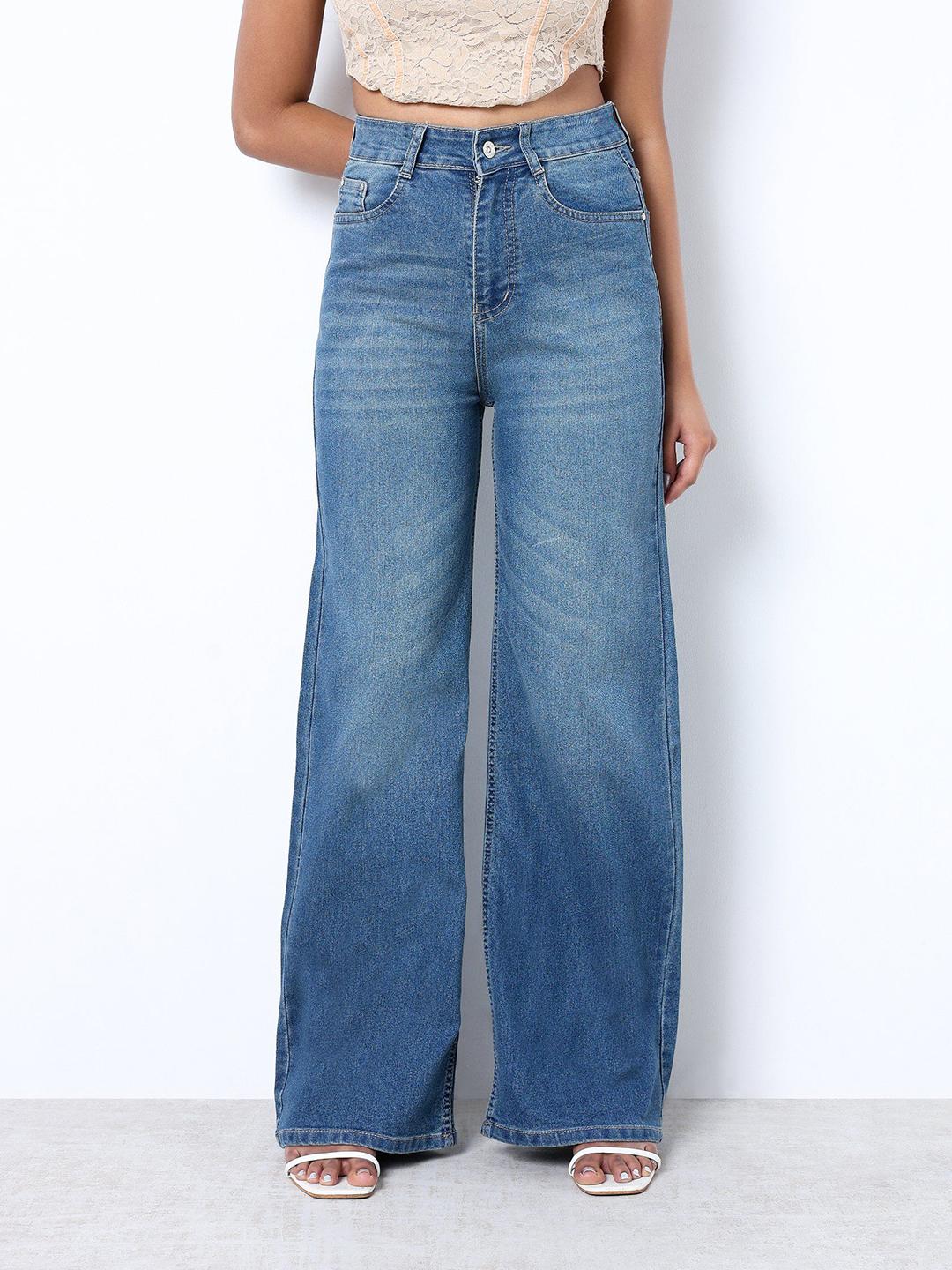 ZUYA Women Light Blue Strechable Super Wide Leg Denim Jeans