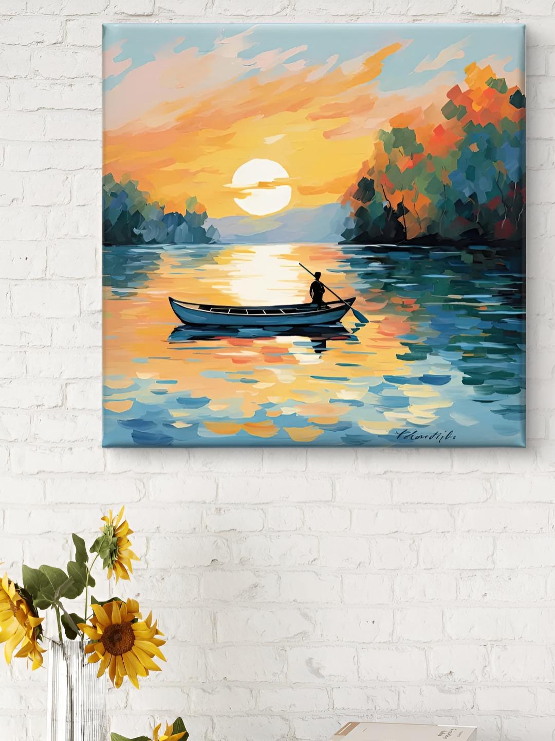 Buy Myntra Elegant Homes Orange & Green Boat In River Canvas Wall Painting - - Home for Unisex