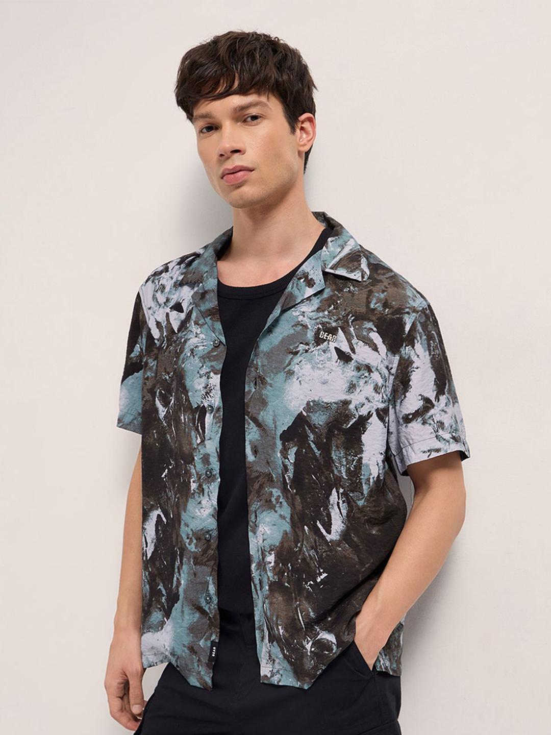 THE BEAR HOUSE Men Relaxed Fit Abstract Printed Cuban Collar Casual Shirt