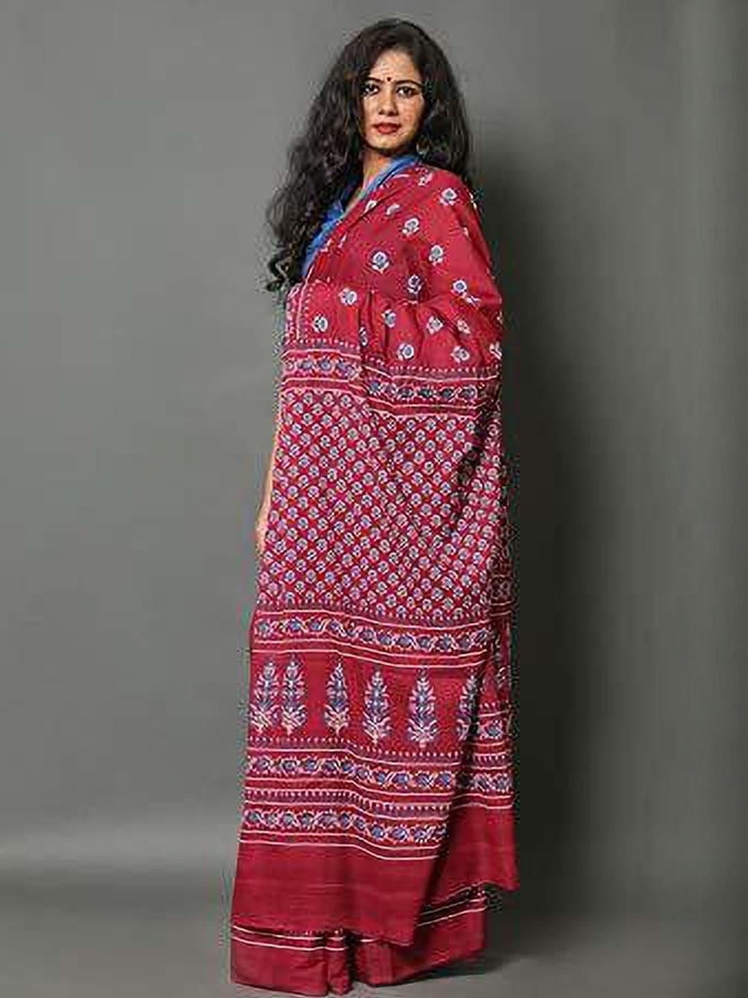 Buy Dastkar Ethnic Motifs Pure Cotton Block Print Saree - Sarees for ...