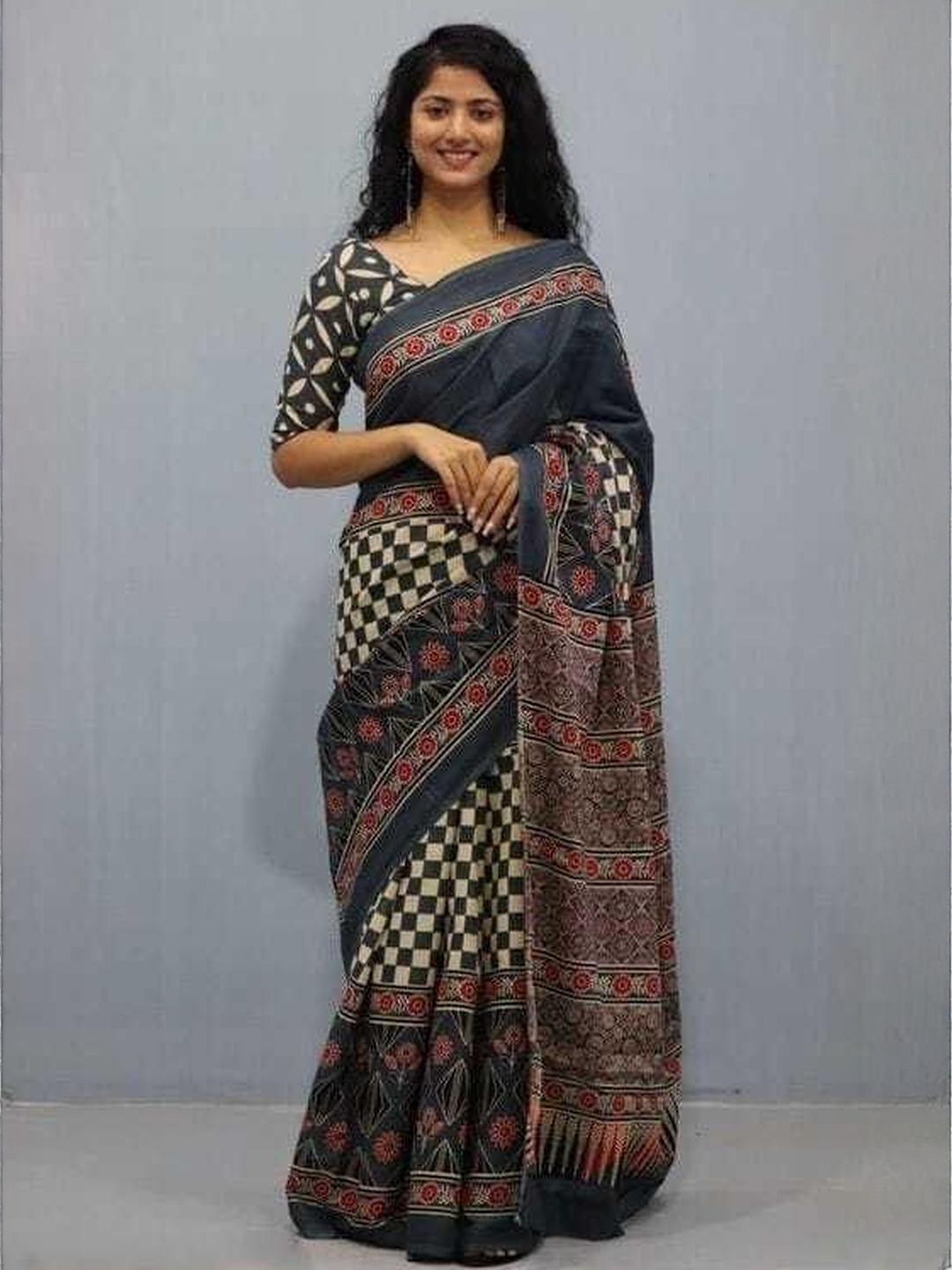 Buy Dastkar Ethnic Motifs Block Printed Pure Cotton Saree With Blouse ...
