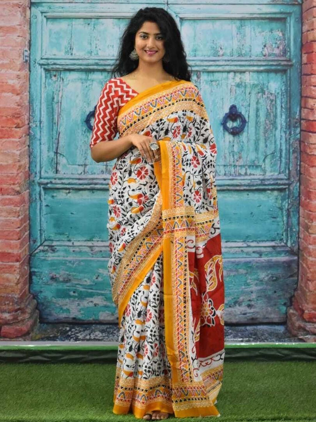 Buy Dastkar Ethnic Motifs Printed Pure Cotton Block Print Saree ...