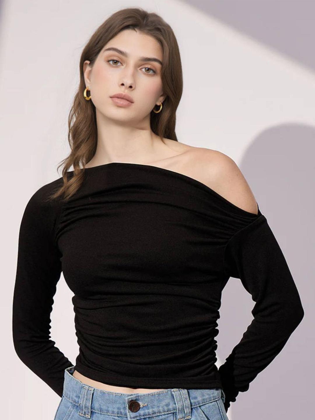 Buy Stylish Black Off Shoulder Crop Top With Long Sleeves Tops for — free download