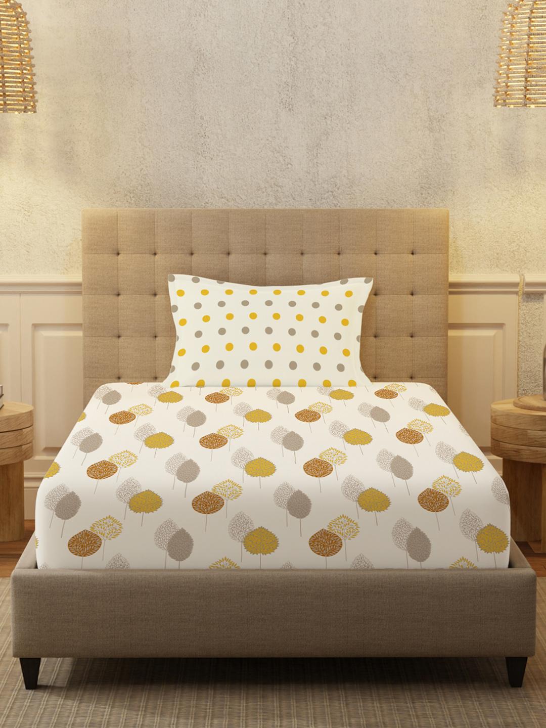 Buy URBAN SPACE Serene White & Mustard Geometric Cotton 200 TC Single Bedsheet Set 1.47mx2.28m - - Home for Unisex