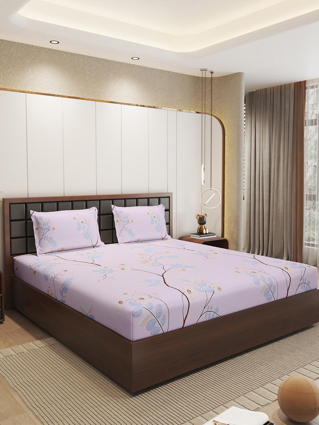 Buy Status Pink & Green Floral Microfiber 210 TC Fitted Double Queen Bedsheet Set 1.98mx1.82m - - Home for Unisex
