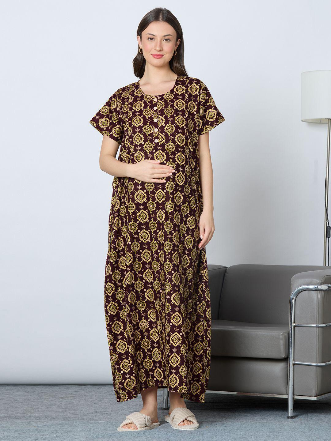 MomToBe Women Wine Printed Maternity Maxi Cotton Nightdress