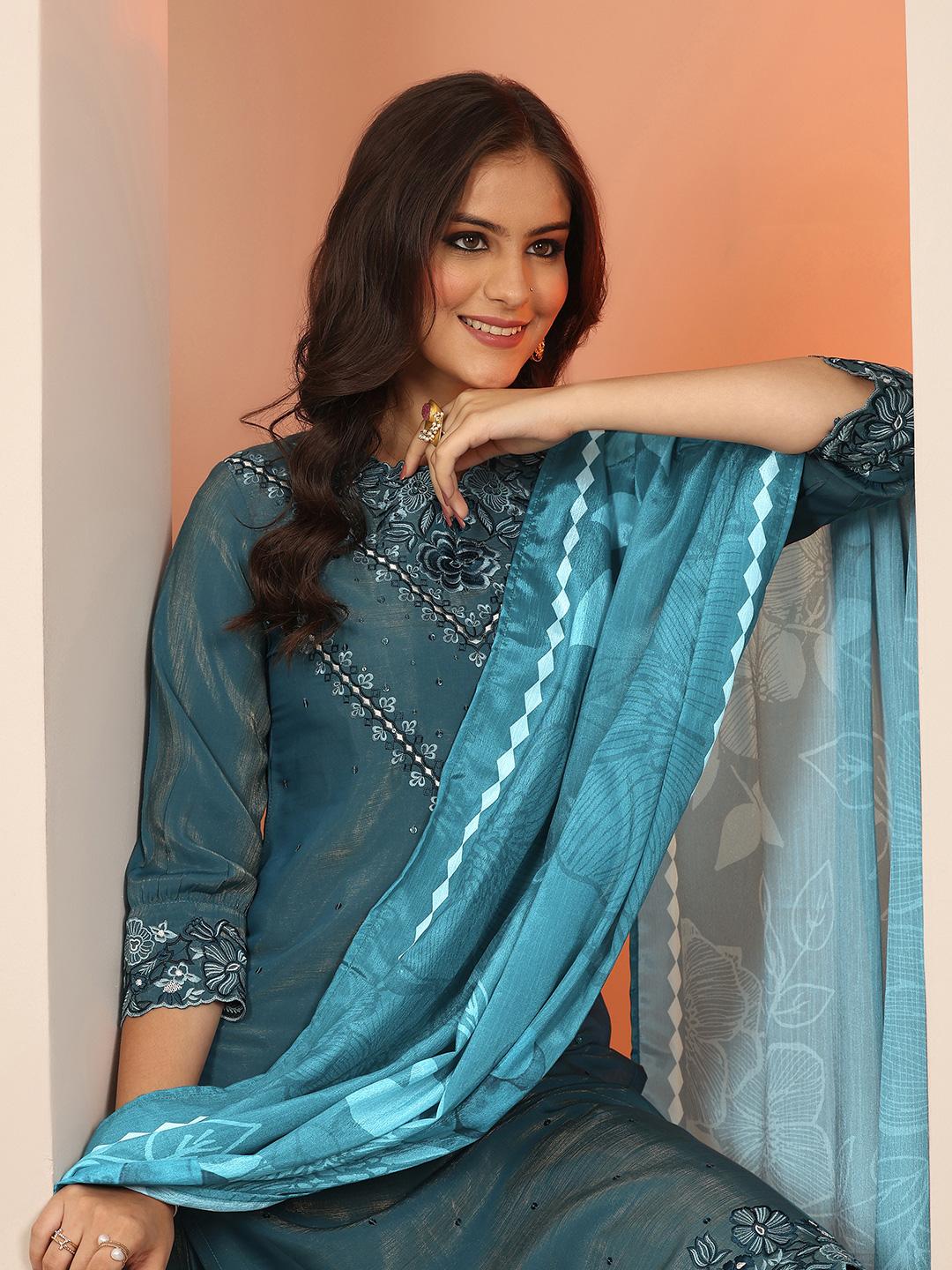 Ramas Woven Design Mirror Work Straight Round Neck Kurta & Palazzos With Dupatta main image 0